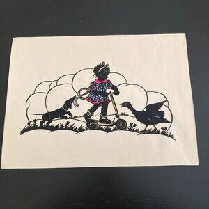 Vintage Silhouette Papercut Art - Child on Scooter with Dog and Goose